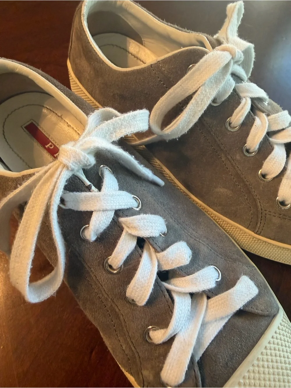 Prada Gray Suede Low-Top Sneakers with White Accents